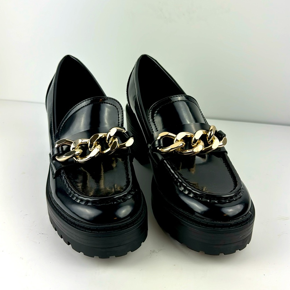 Guess Black Patent Loafers with Gold Chain Accent